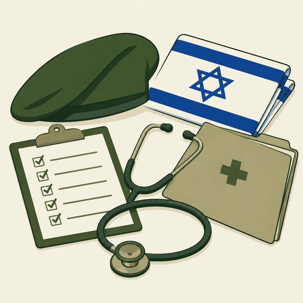 איור של כומתה, דגל ישראל, לוח בדיקה רפואי ותיק רפואי